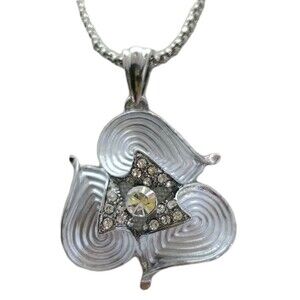 Silver Tone Flower Slide Pendant Necklac Rhinestone Art Deco Boho